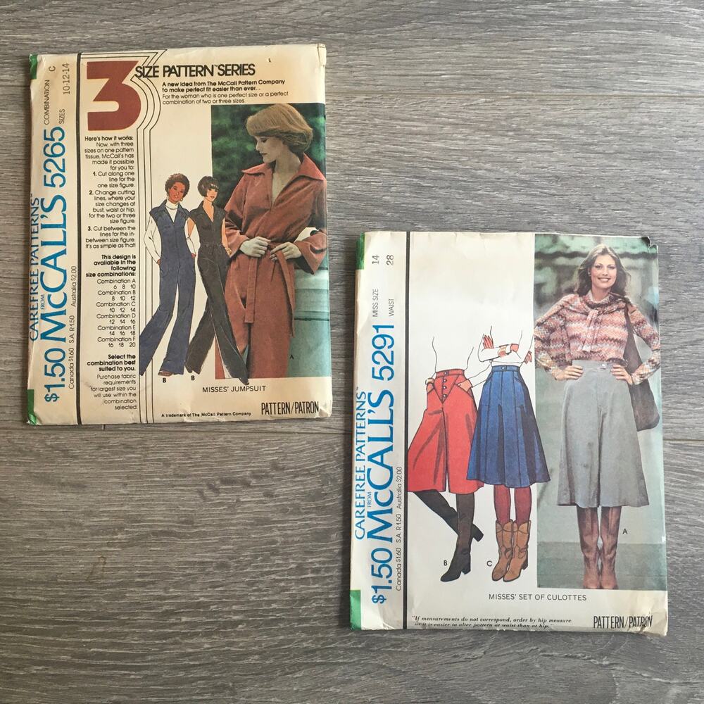 McCalls Sewing Pattern 5265 5291 Vintage 70s Jumpsuit Culottes 10-14 UNCUT